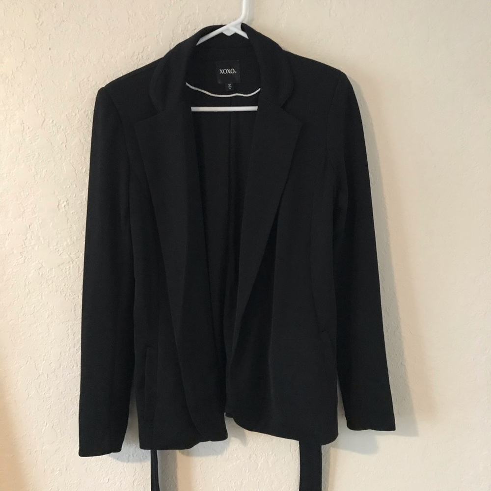 black blazer with subtle piping & tie closure